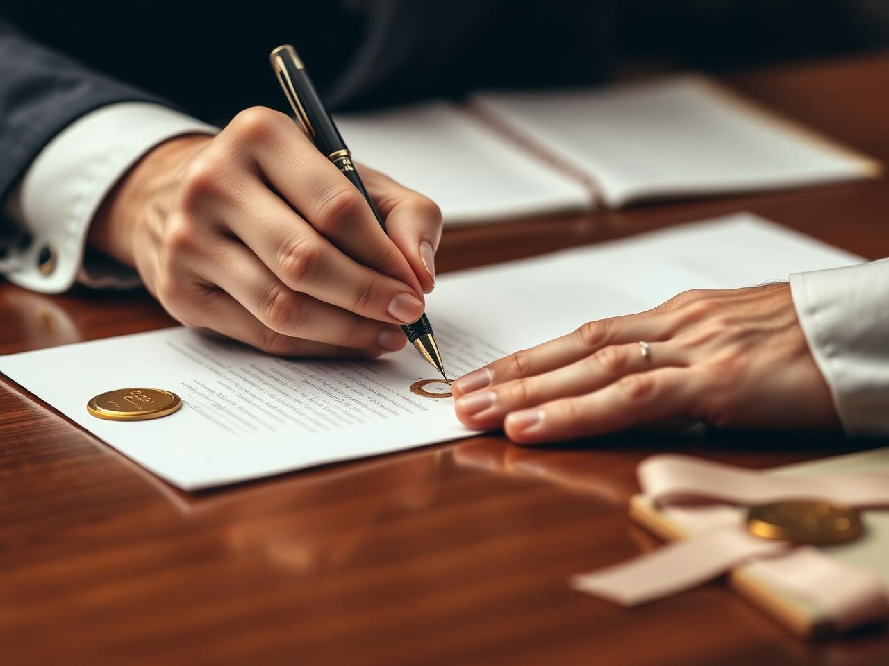 Signature d'un contrat immobilier en gros plan sur un bureau notarial en bois
